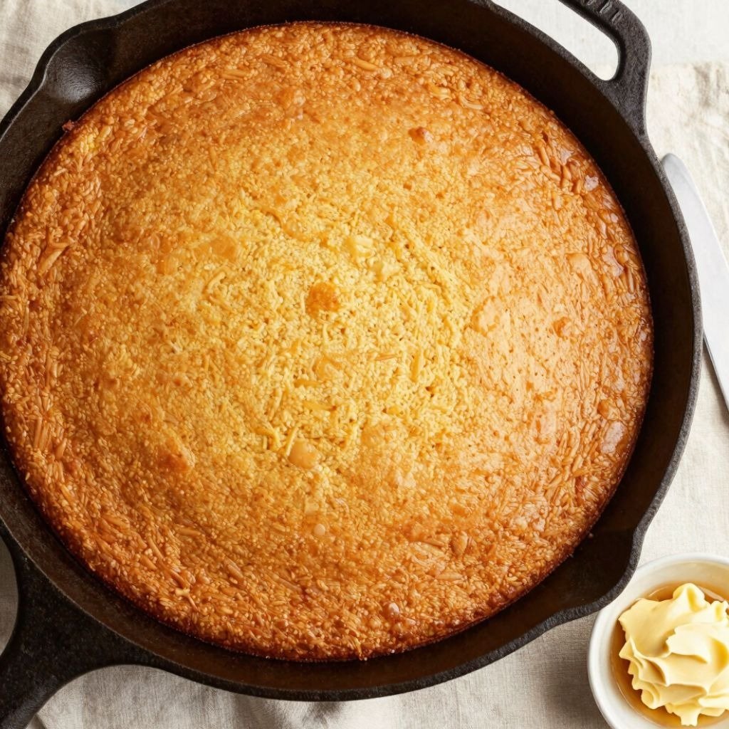 Freshly baked golden brown cornbread in a cast iron skillet served with honey butter.