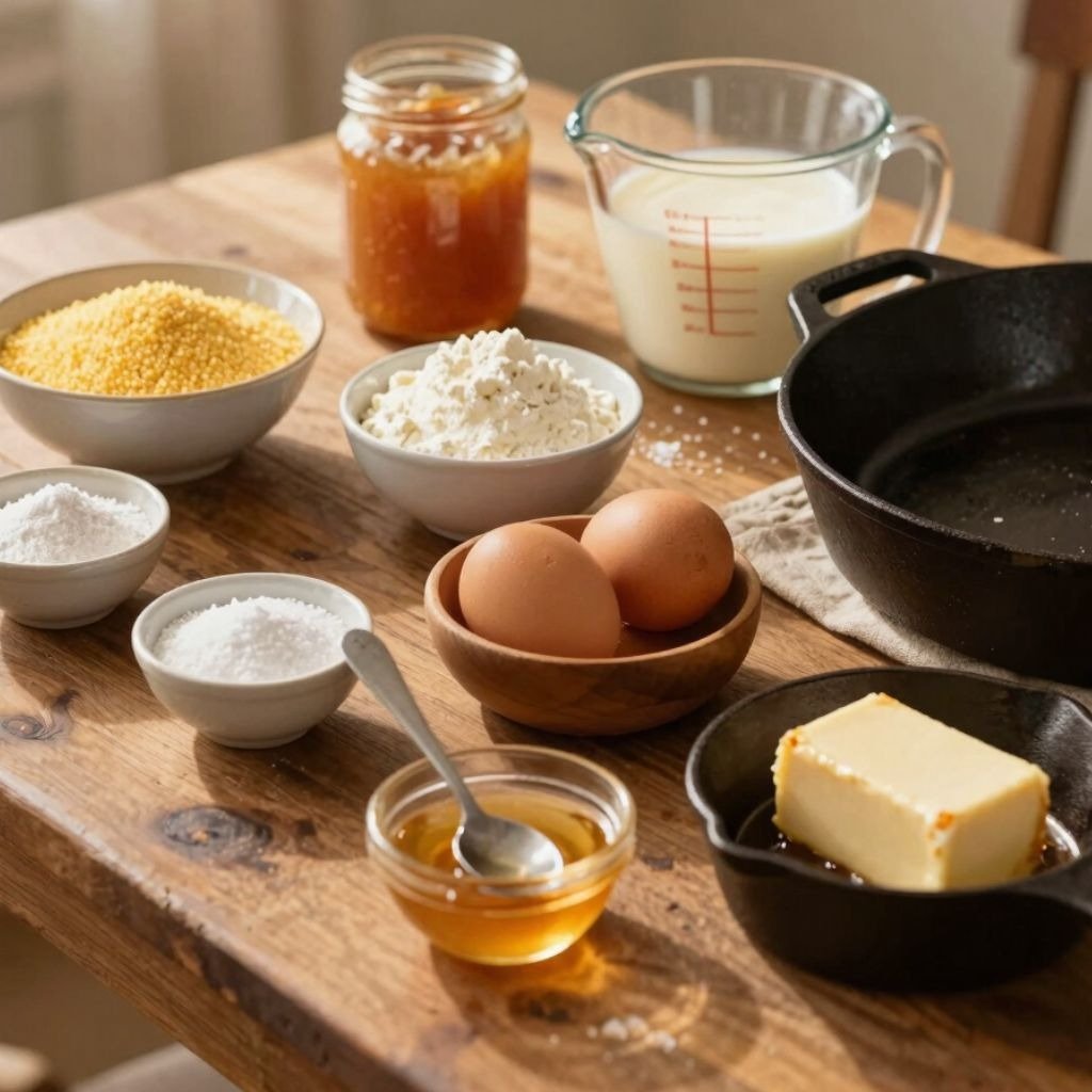 Fresh baking ingredients including eggs, flour, milk, honey, and butter arranged on a rustic wooden table with a cast iron