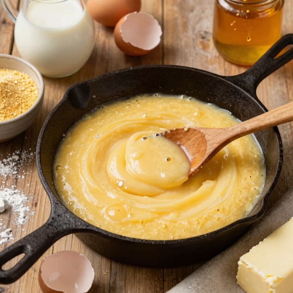 A wooden spoon stirring thick yellow batter in a cast iron skillet surrounded by baking ingredients