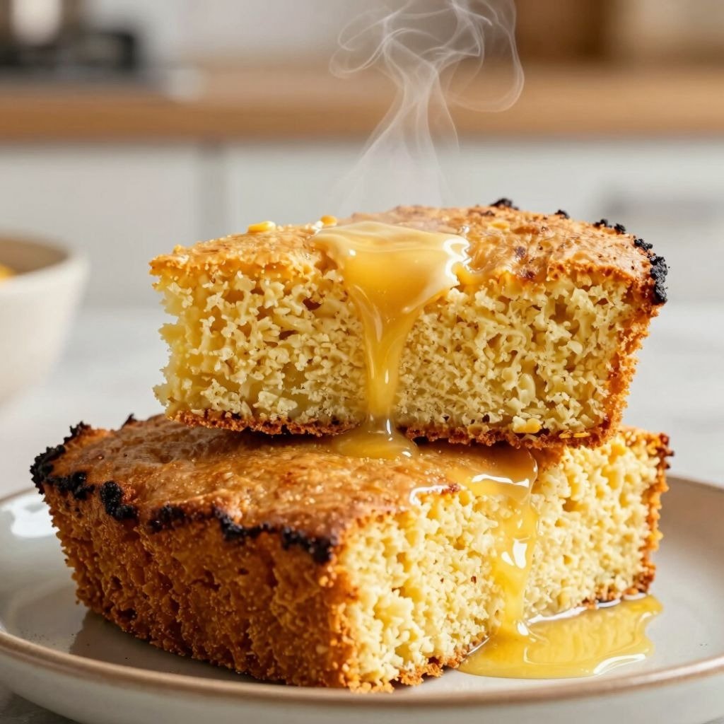 Freshly baked steaming cornbread slices stacked on a plate with melted butter dripping down the side.