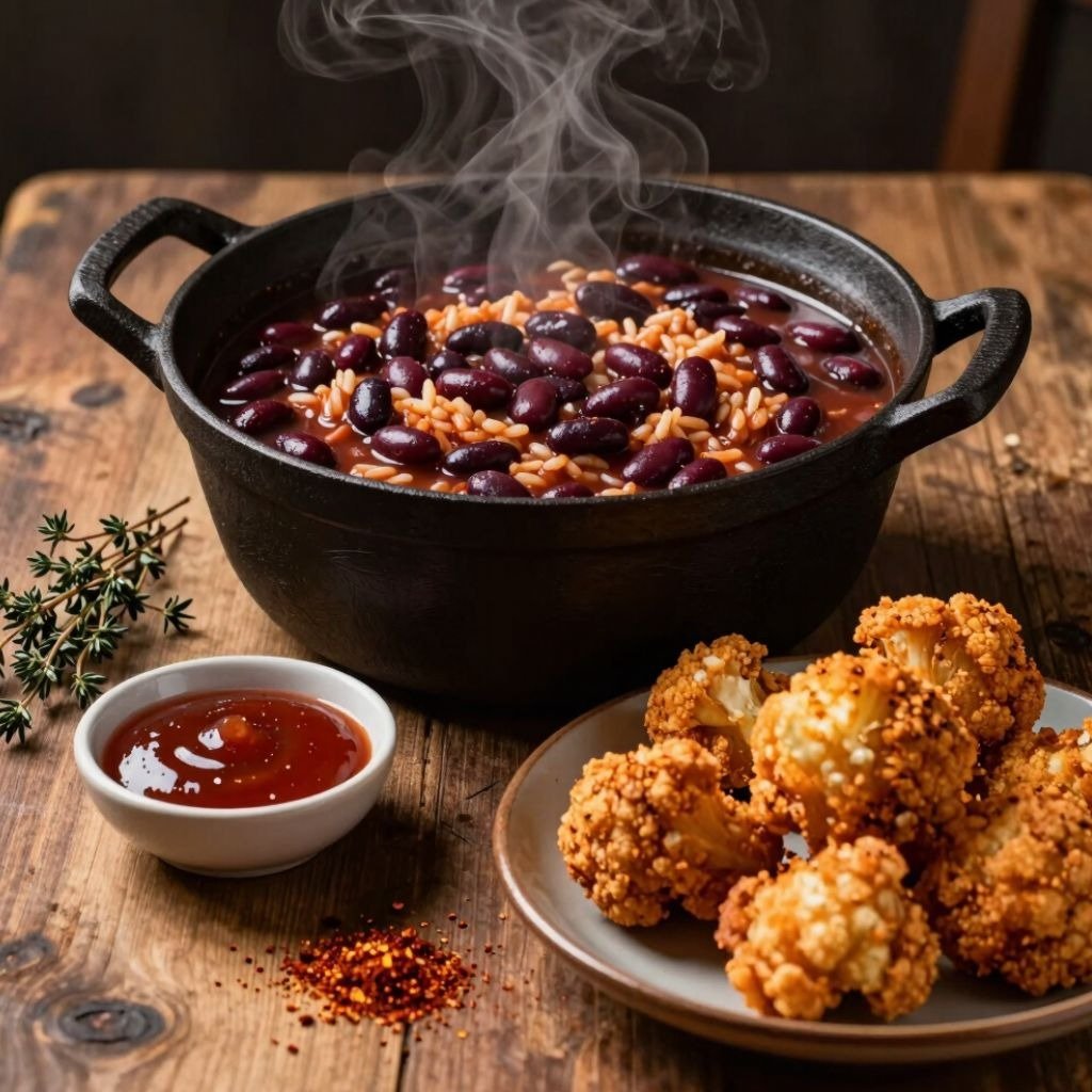 Steaming bowl of red beans and rice served with crispy fried cauliflower wings and dipping sauce on a wooden table.