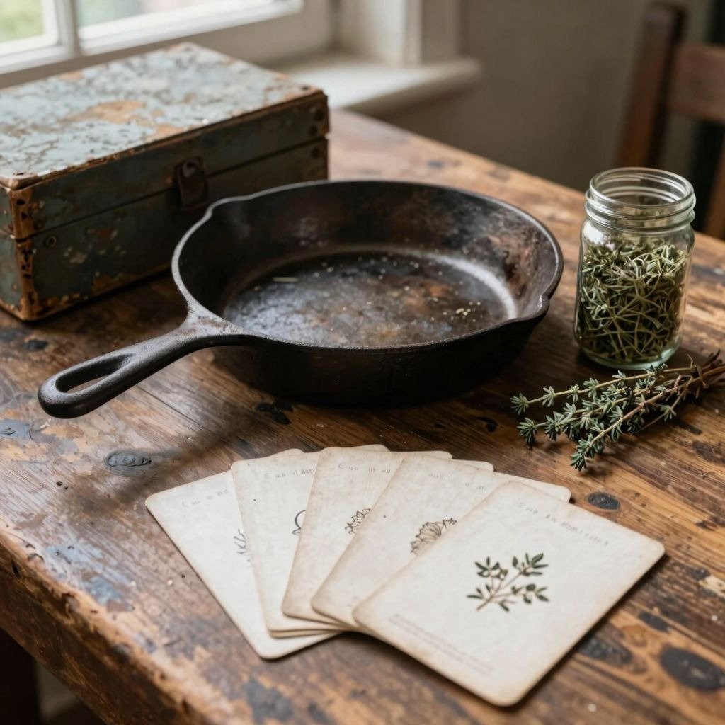Vintage cast iron skillet on a rustic wooden table with botanical herb cards and a glass jar of drie