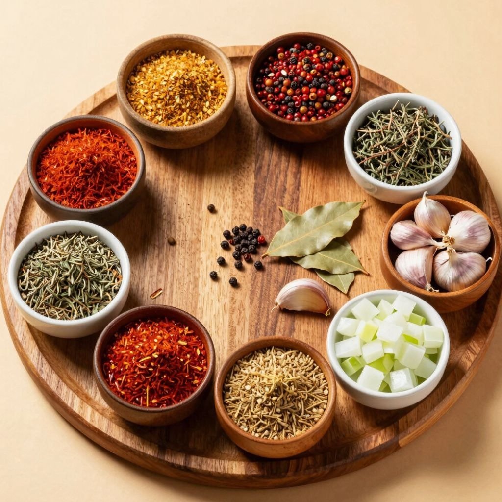 A circular wooden platter holding small bowls of various colorful spices, herbs, garlic cloves, and
