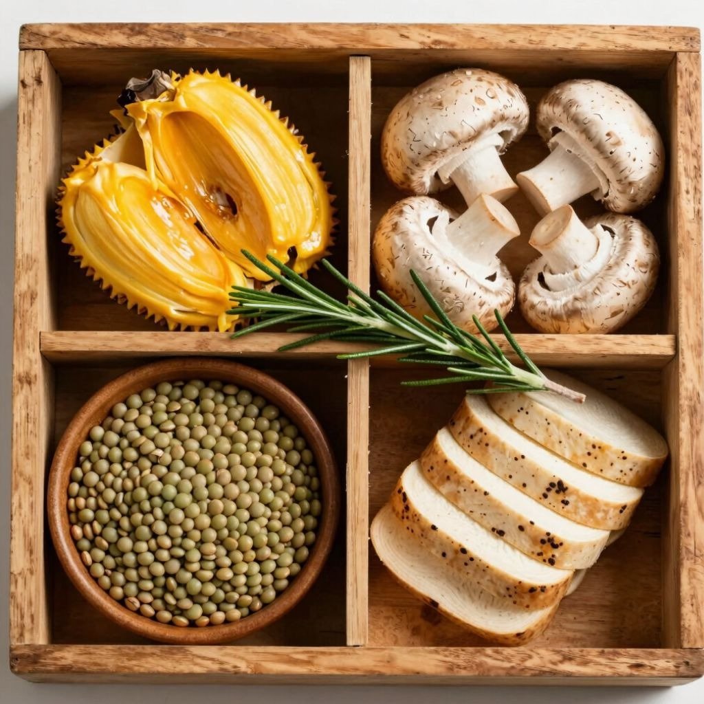 A wooden tray holding sliced jackfruit, fresh mushrooms, a bowl of lentils, and tempeh slices.