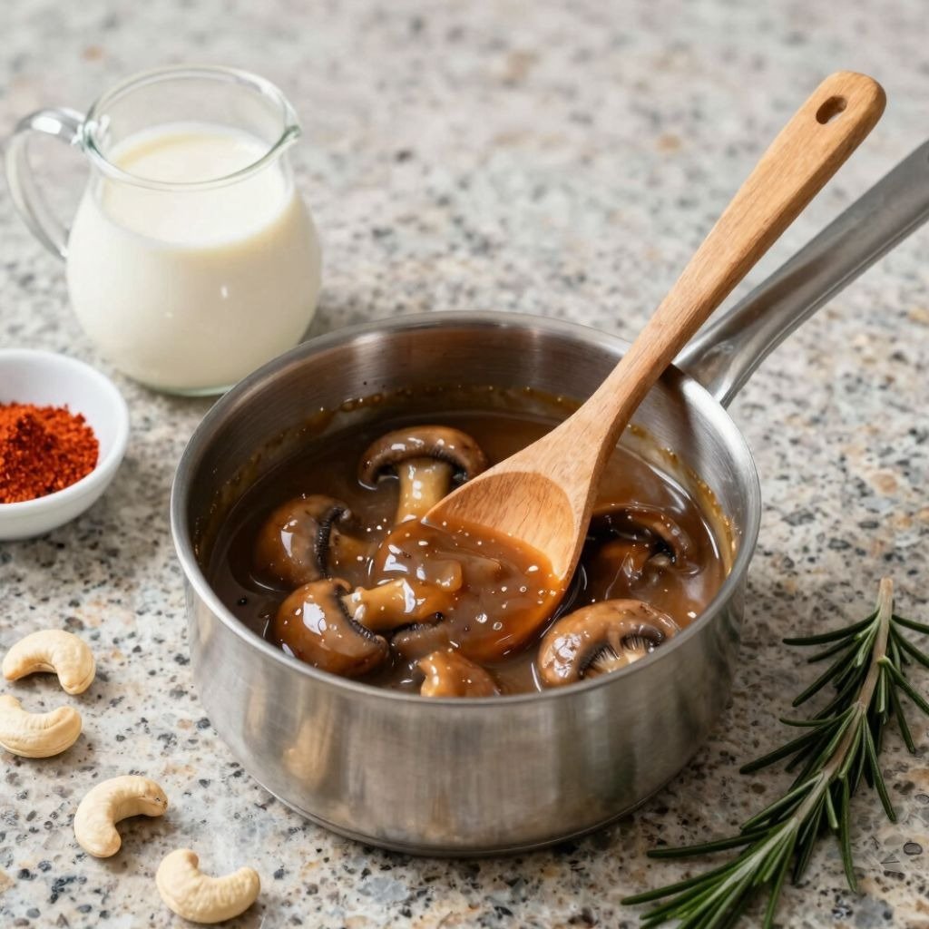 Savory mushroom gravy in a stainless steel saucepan with a wooden spoon, milk, cashews, and rosemary
