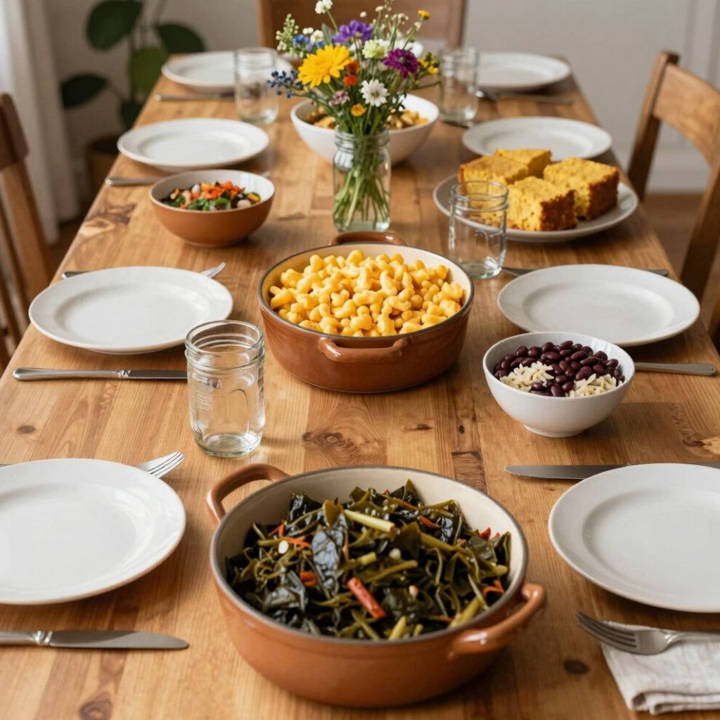 A wooden dining table set with bowls of macaroni and cheese, collard greens, cornbread, and fresh flowers.