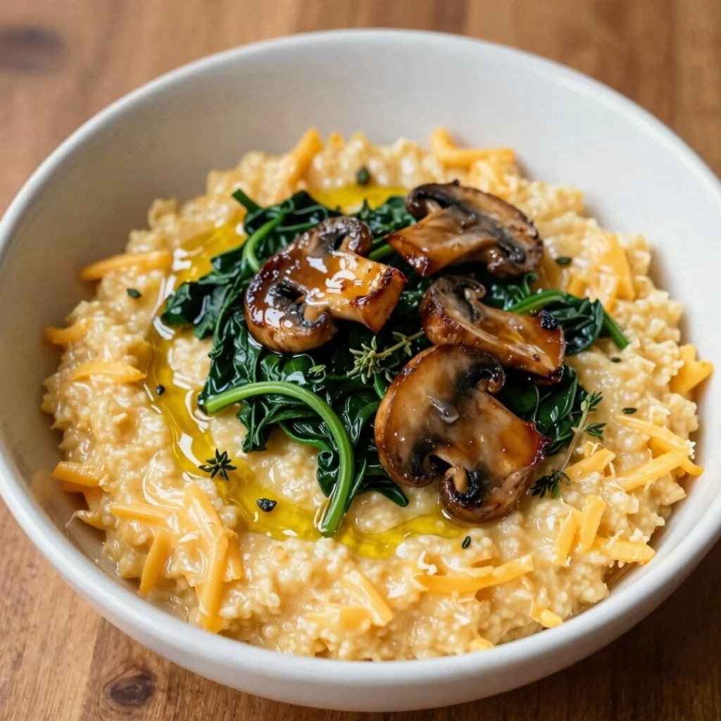 A bowl of savory grits topped with sautรฉed mushrooms, wilted spinach, and shredded cheddar cheese.