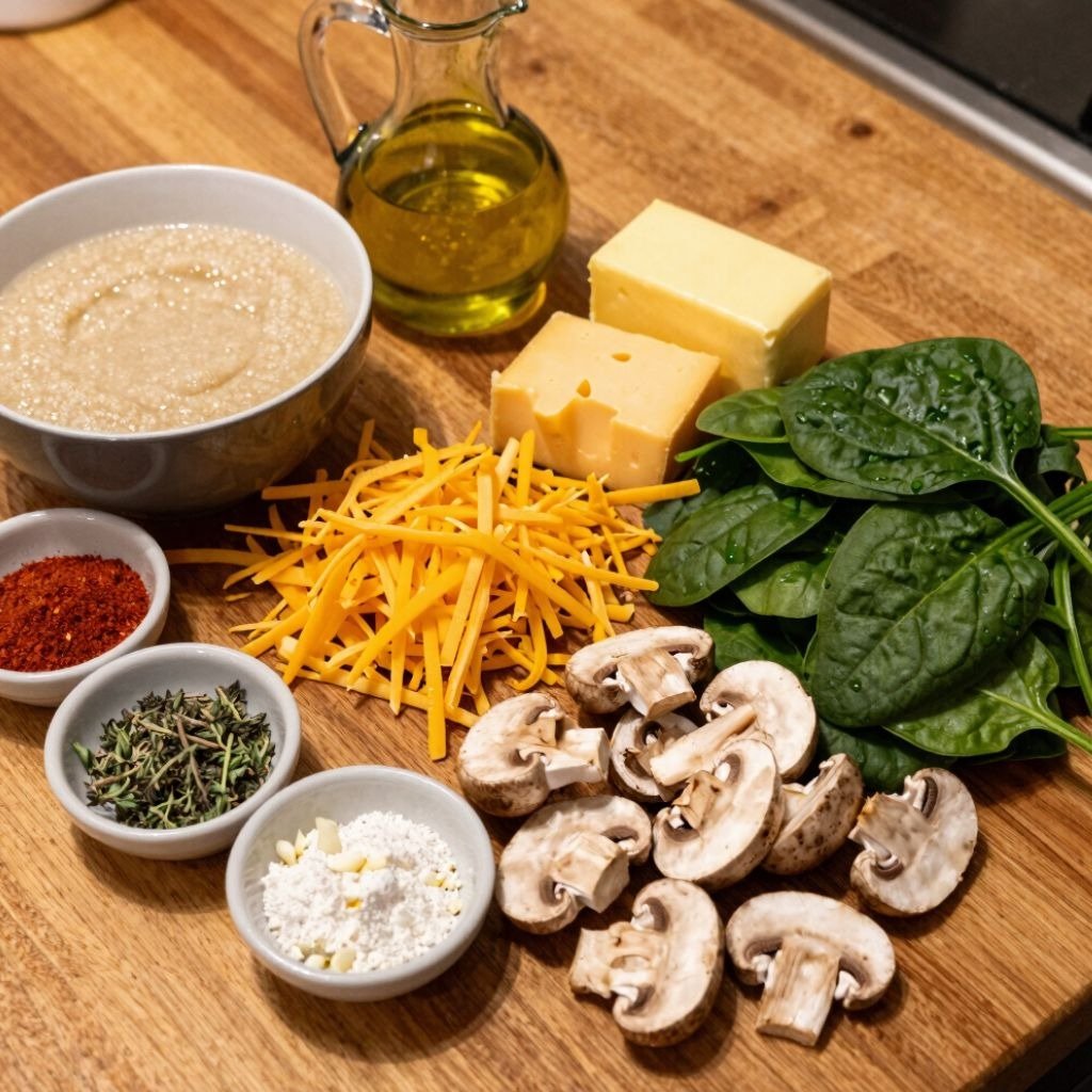 Fresh ingredients for a savory recipe including sliced mushrooms, spinach leaves, cheese, spices, and olive oil on wood.
