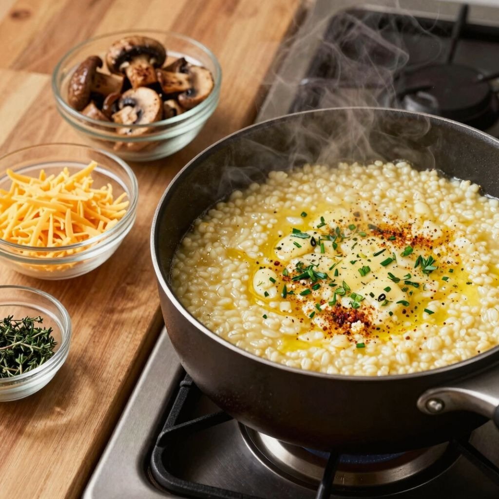 Steaming creamy grits cooking in a pan with bowls of mushrooms, shredded cheese, and herbs.
