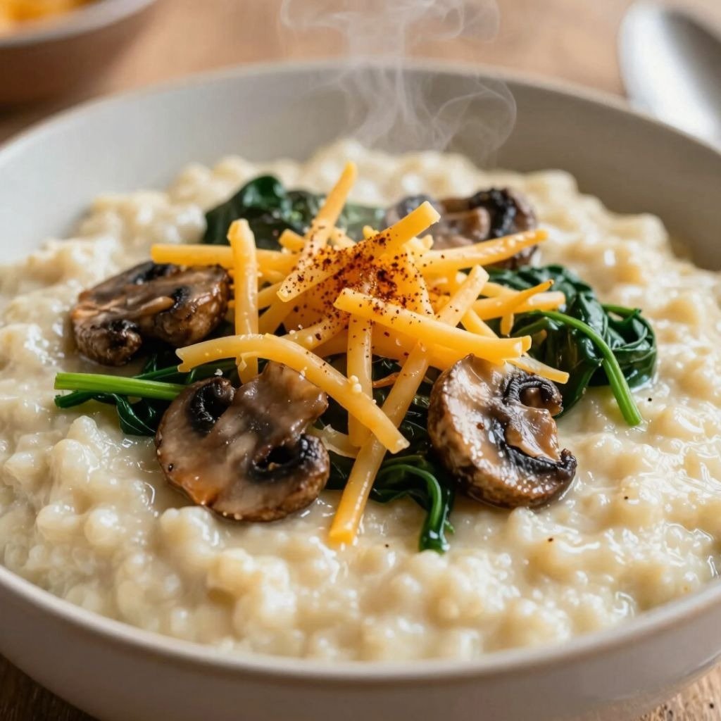 A bowl of savory grits topped with sautรฉed mushrooms, wilted spinach, and shredded cheddar cheese.
