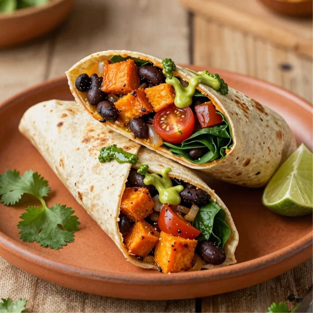 Vegan sweet potato and black bean burritos with avocado sauce, spinach, and tomatoes on a clay plate