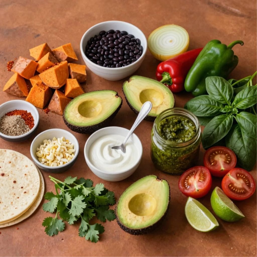 Fresh ingredients for healthy wraps with sweet potato, avocado, black beans, and pesto sauce.