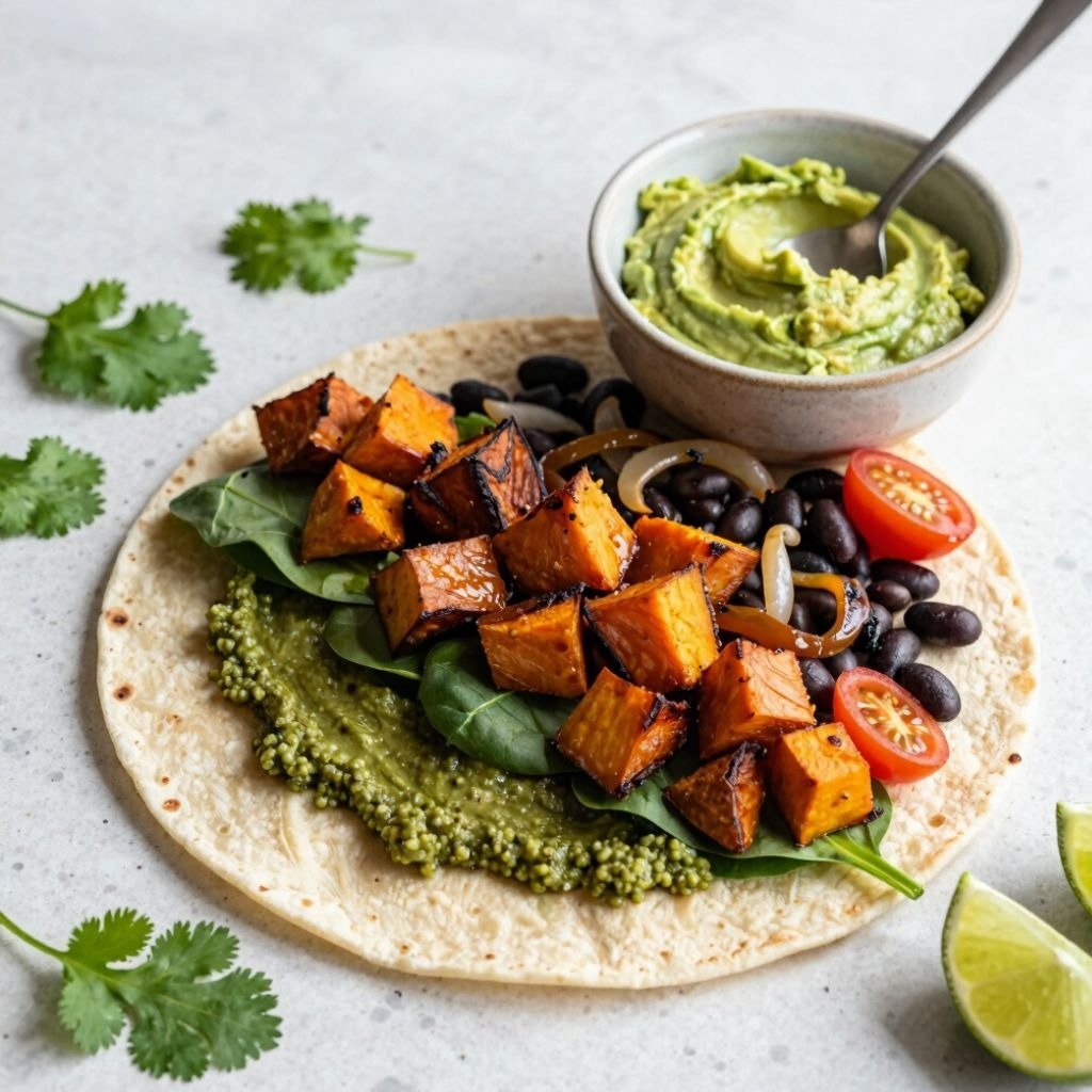 A vegan sweet potato wrap with black beans, spinach, and pesto on a flour tortilla.
