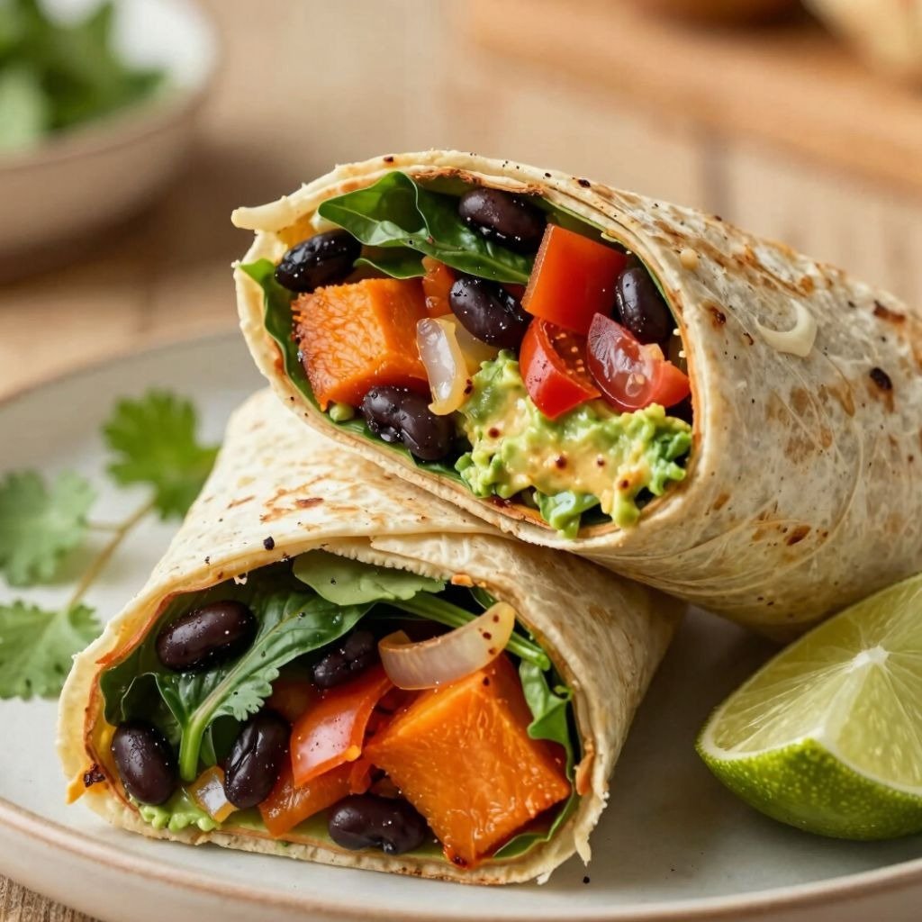 Vegan sweet potato and black bean burritos with avocado, tomatoes, and greens in a toasted flour tortilla.