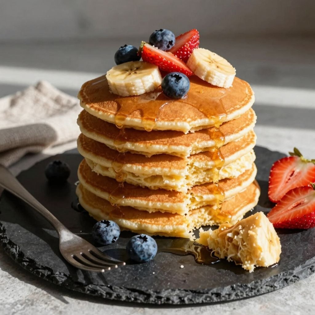 A tall stack of fluffy banana pancakes topped with maple syrup, fresh berries and banana slices.