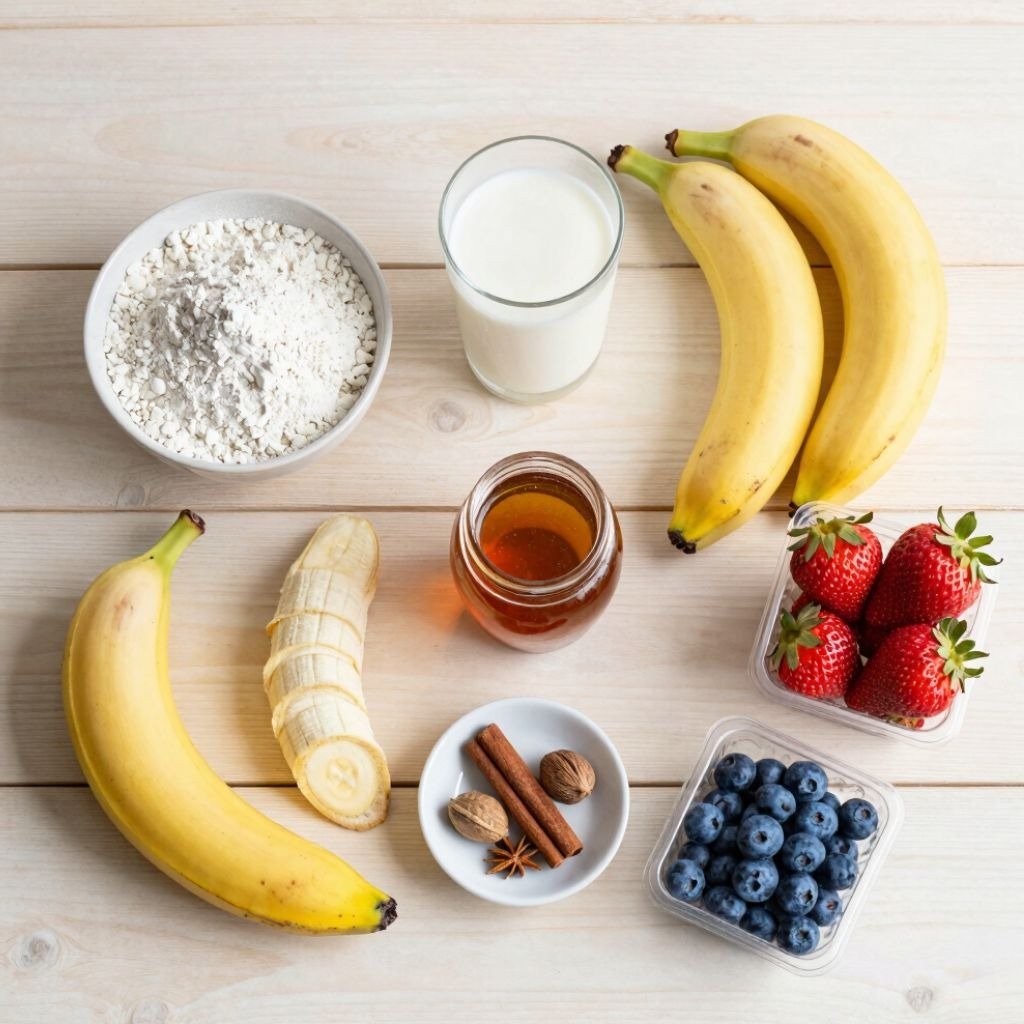 Flat lay of healthy ingredients including bananas, oats, milk, honey, blueberries, strawberries, and spices.