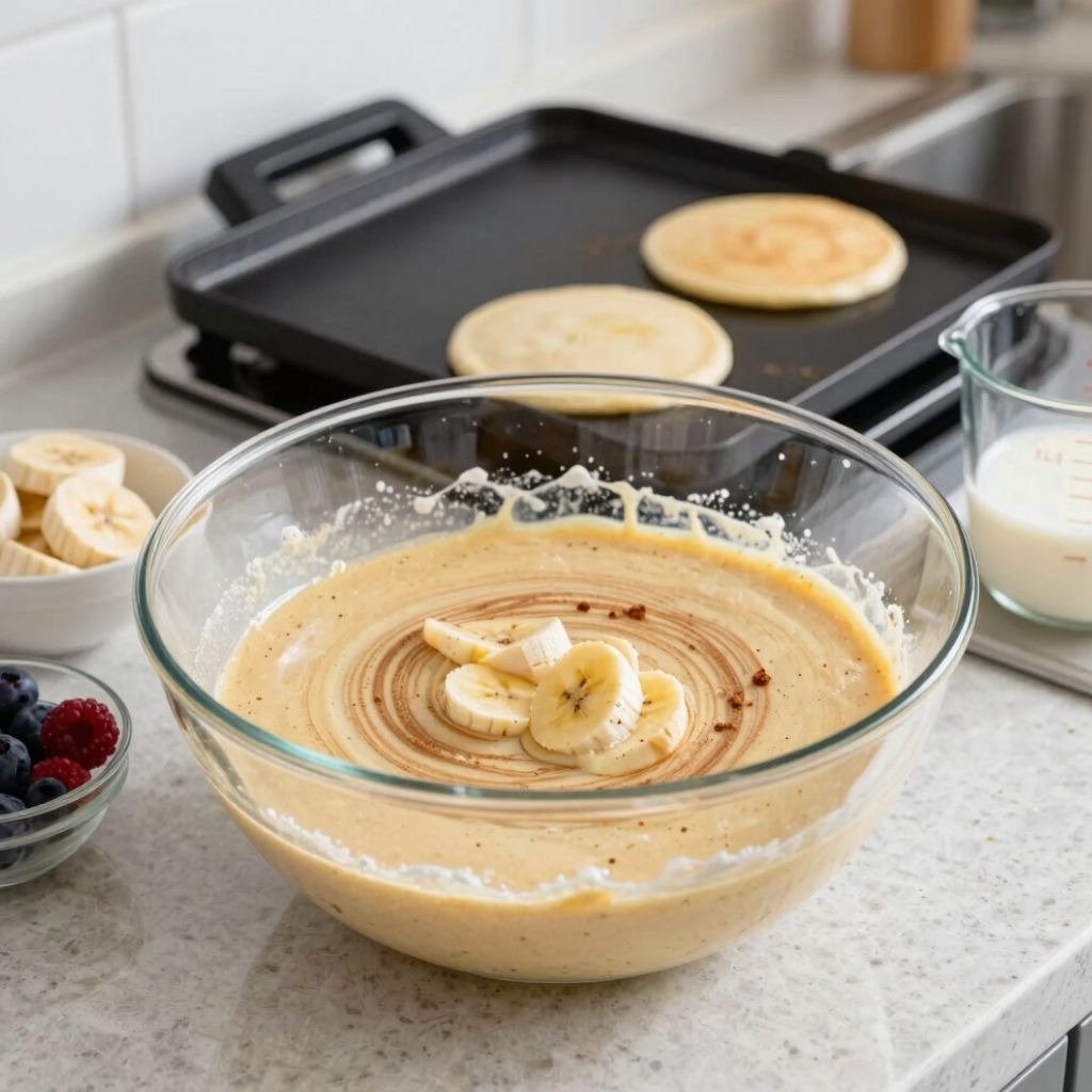 A glass bowl of banana pancake batter topped with fresh slices, next to a griddle cooking golden pancakes.