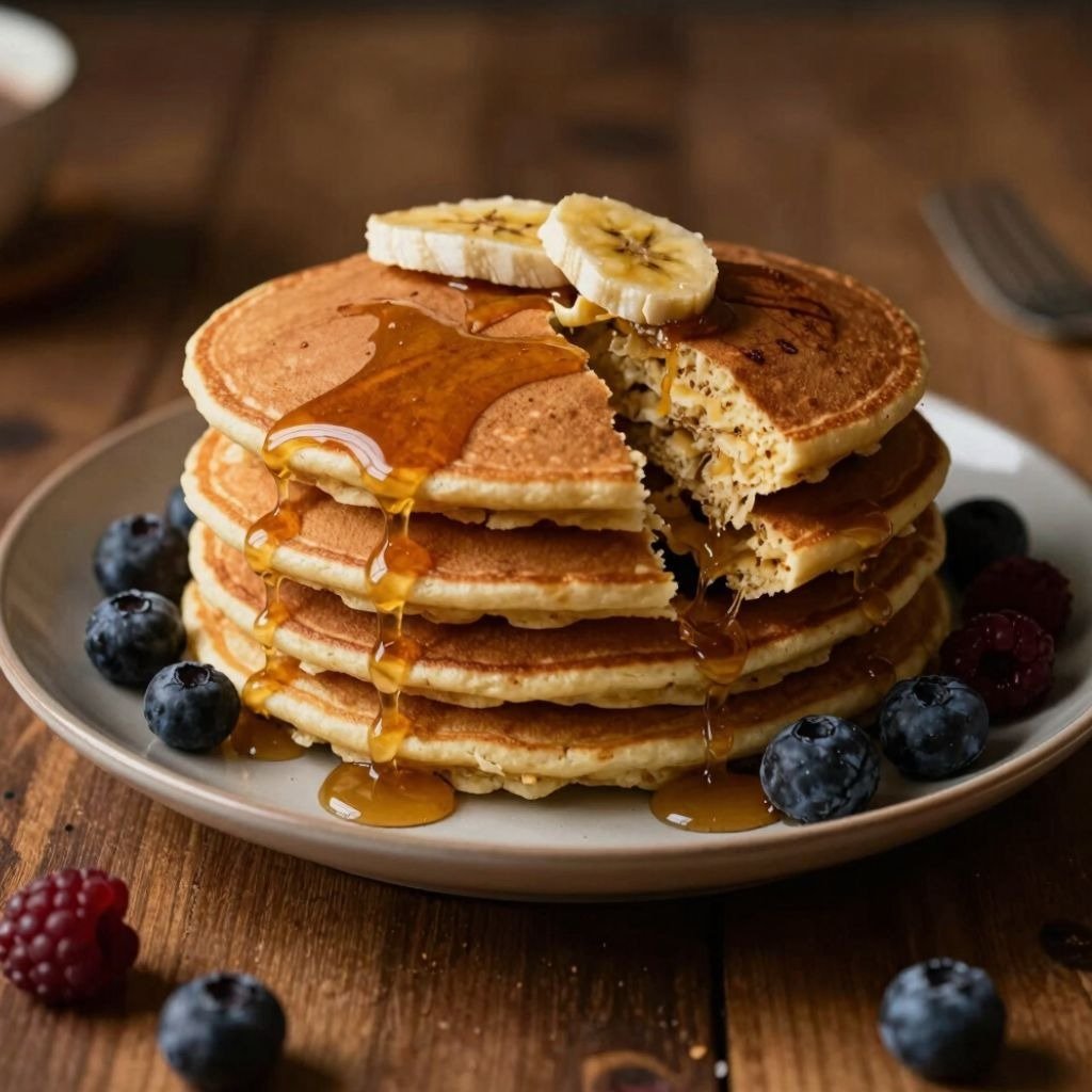 A tall stack of fluffy banana pancakes topped with maple syrup, fresh berries and banana slices.