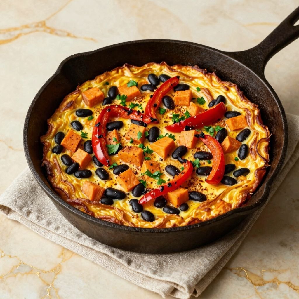 A sweet potato and black bean frittata in a cast iron skillet, garnished with cilantro.