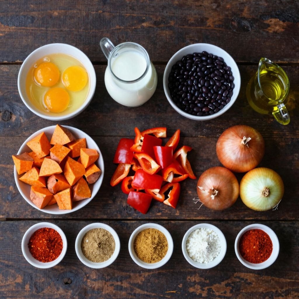 Fresh ingredients for a healthy meal with eggs, sweet potatoes, black beans, peppers, onions, and various spices.