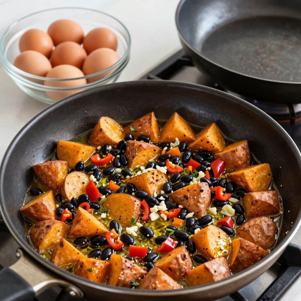 A skillet of roasted sweet potatoes, black beans, and peppers cooking on a stove next to a bowl of fresh eggs.