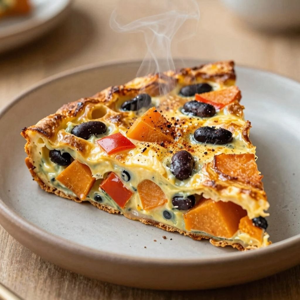 Steaming slice sweet potato and black bean frittata on a ceramic plate.