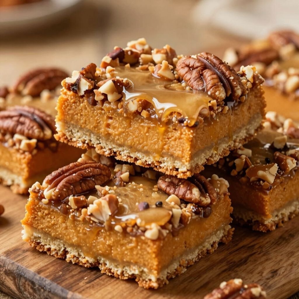 Layered sweet potato praline bars with a shortbread crust, topped with caramel sauce and nuts.