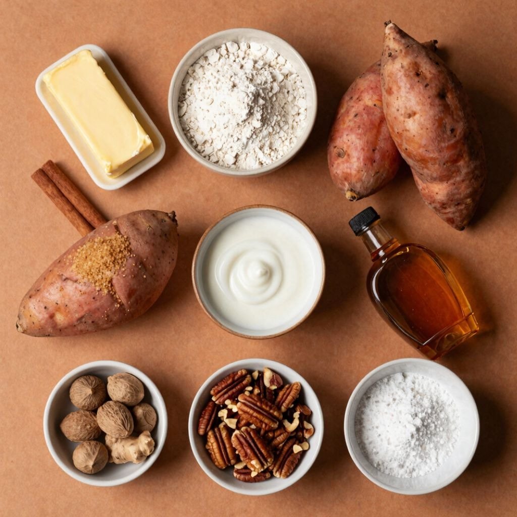 Flat lay of sweet potato dessert ingredients including pecans, maple syrup, flour, and butter.