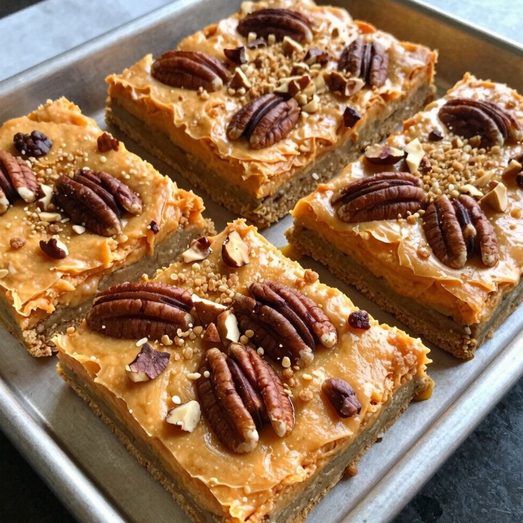 Slices of sweet potato and praline bars with a buttery crust and caramel topping on a baking sheet.