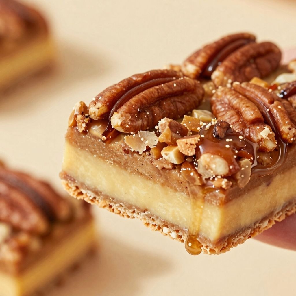 Layered sweet potato praline bars with a shortbread crust, topped with caramel sauce and nuts.
