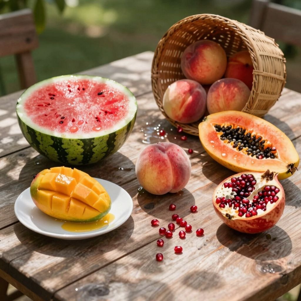 A colorful summer fruit spread on a wooden table with watermelon, papaya, mango, and a basket of fresh peaches.