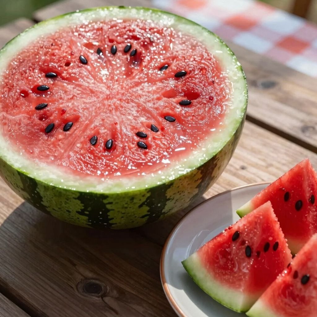 Fresh juicy half watermelon and sliced fruit wedges with black seeds on a wooden table outdoors.