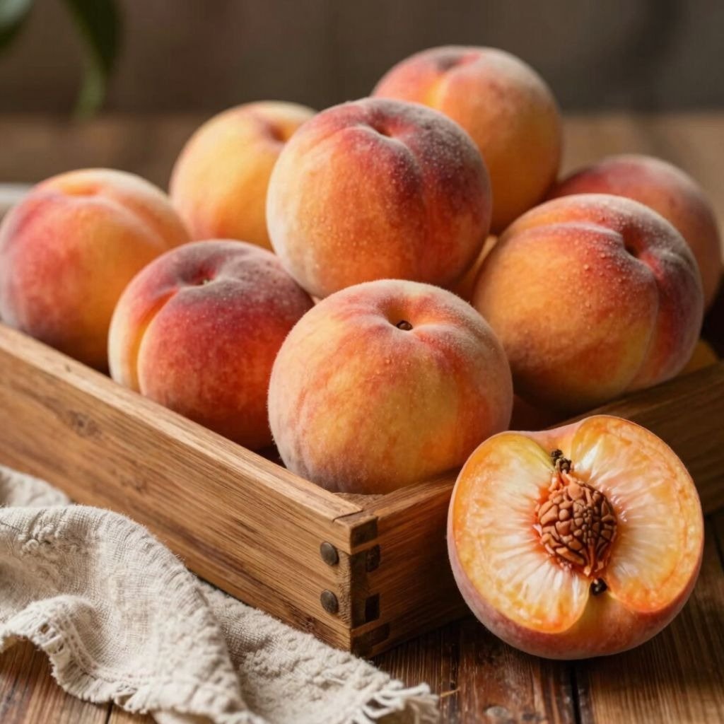 Fresh ripe peaches in a rustic wooden crate with one sliced peach showing the pit on a wooden table.