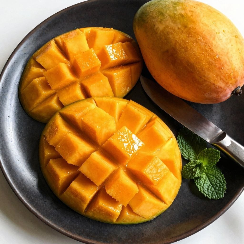 Freshly sliced hedgehog-cut mango pieces on a dark plate with a whole mango, mint garnish, and a paring knife.