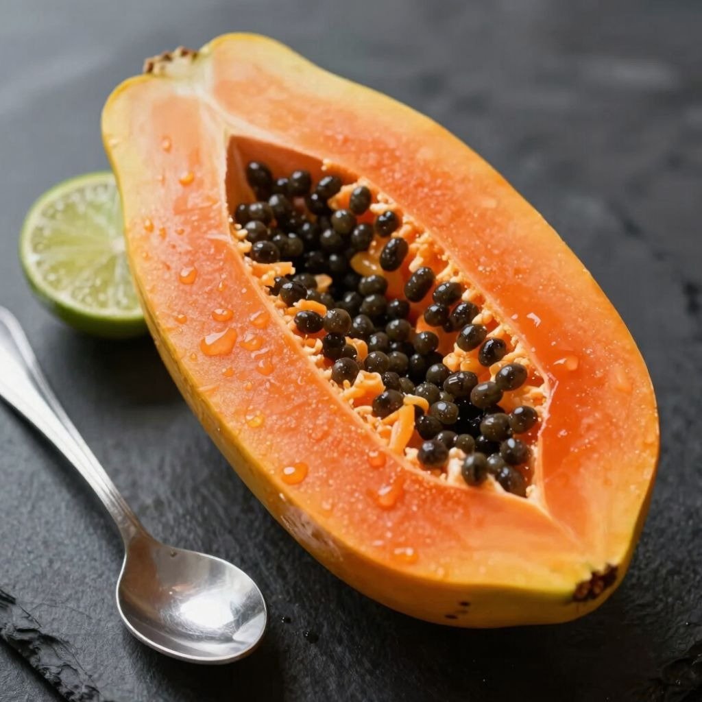 A fresh sliced papaya with black seeds and water droplets next to a lime and silver spoon on a dark slate surface.