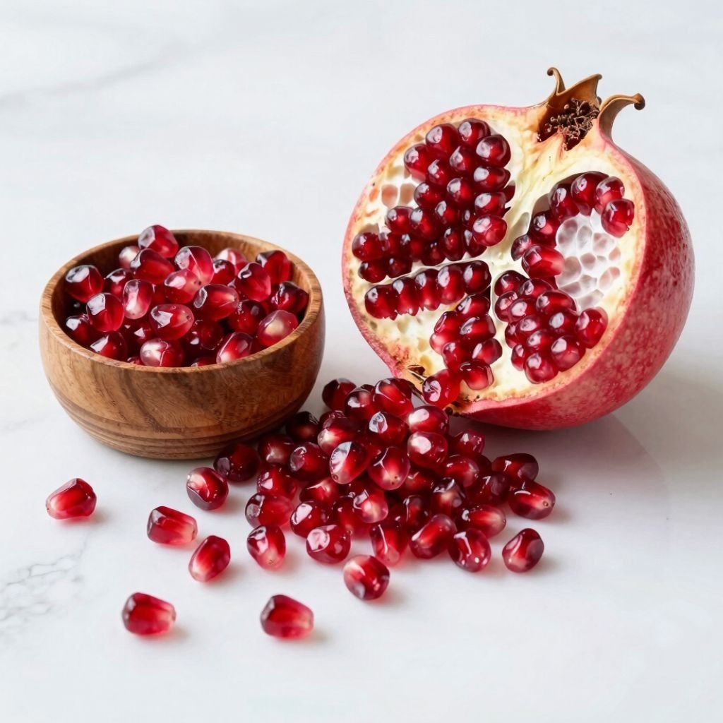 Fresh red pomegranate seeds spilling from a halved fruit into a small wooden bowl on a white marble surface.