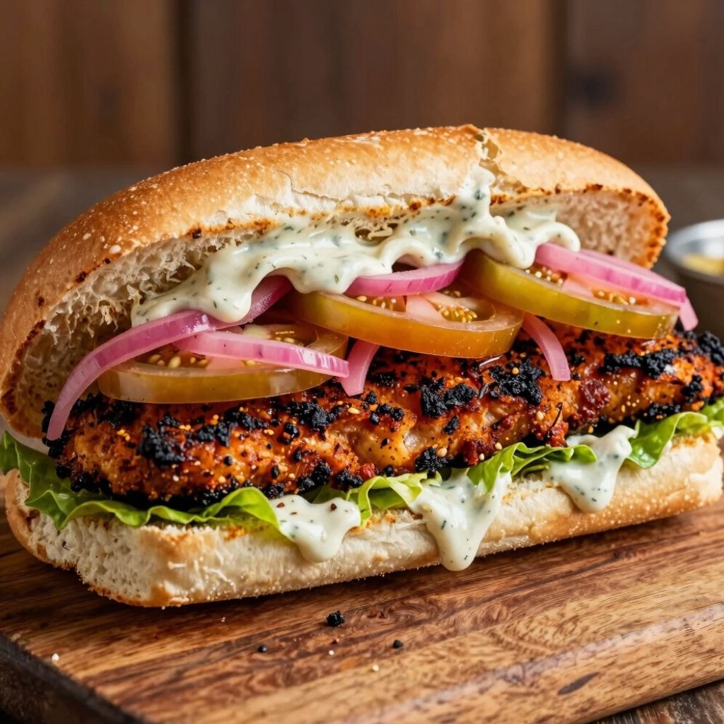 Blackened Tempeh sandwich with sauce, pickled onions, and green tomatoes on a toasted hoagie roll.