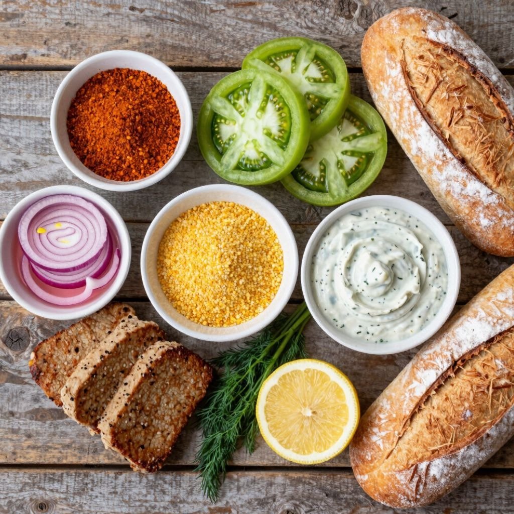 Flat lay of crusty bread loaves, green tomatoes, red onion, spices, and creamy dip on a rustic wooden table.
