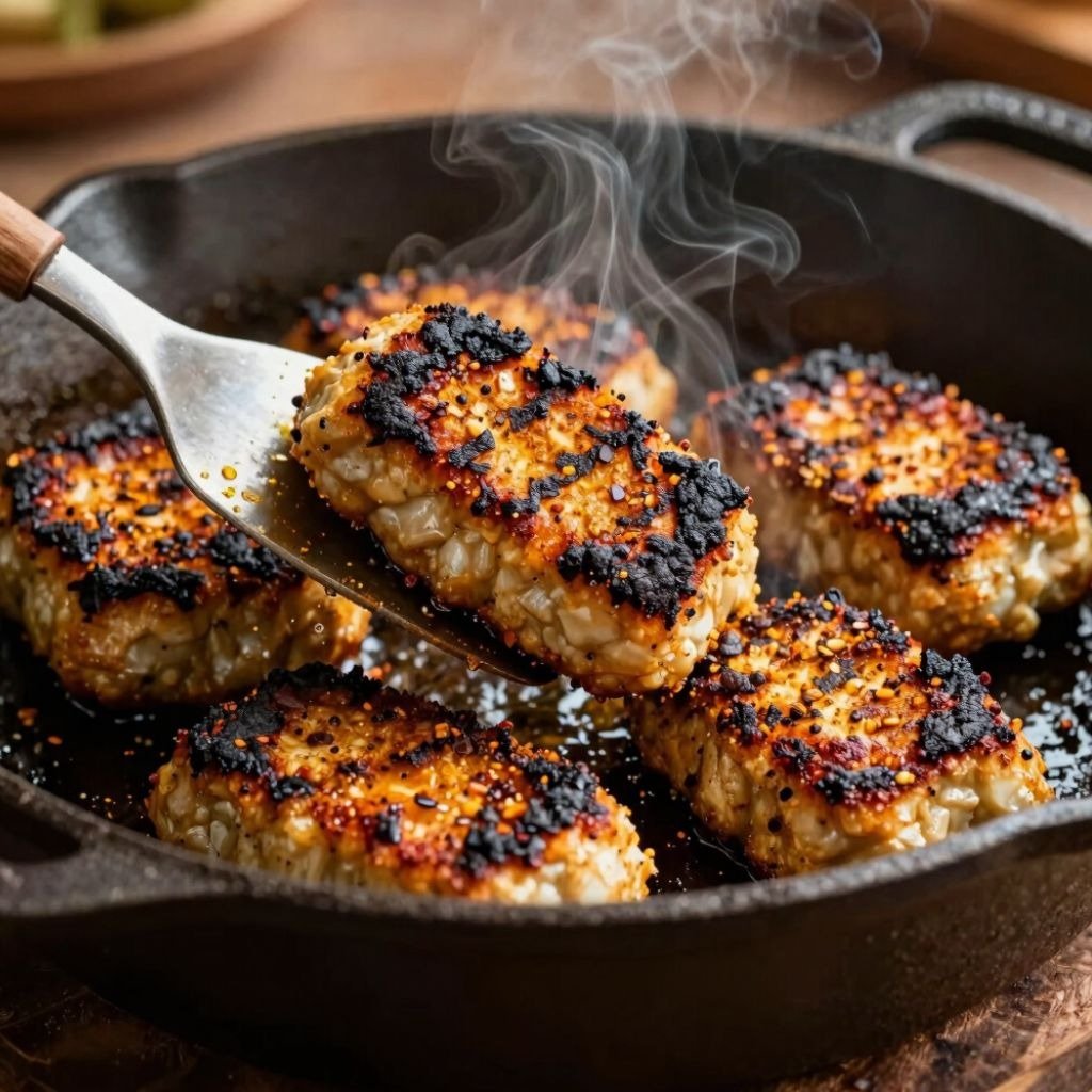 Blackened tempeh sizzling in a cast iron skillet.