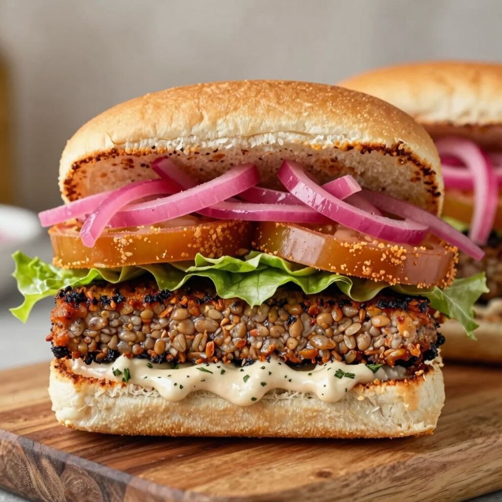 A gourmet vegan tempeh burger with pickled onions, tomato, and creamy sauce on a toasted bun.