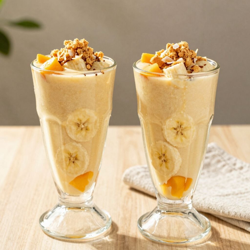Two tropical mango and banana smoothies in tall glasses topped with granola, coconut flakes, and fresh fruit pieces.