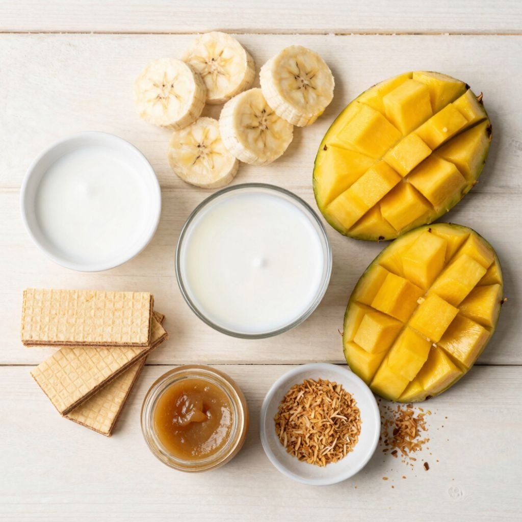 Flat lay of healthy breakfast ingredients with sliced mango, banana, yogurt, coconut, honey, and wafer biscuits.