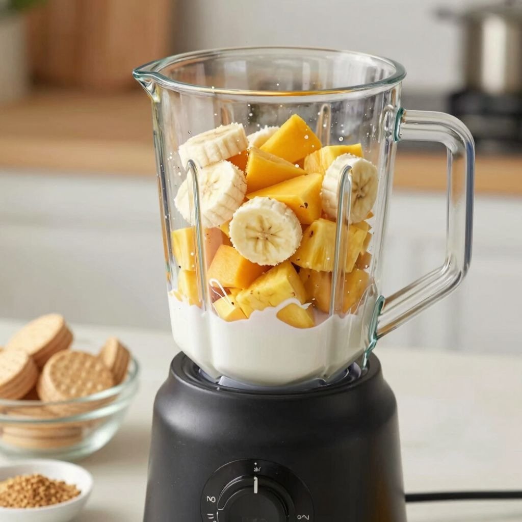 A glass blender filled with milk, sliced bananas, and mango chunks for a healthy fruit smoothie recipe.
