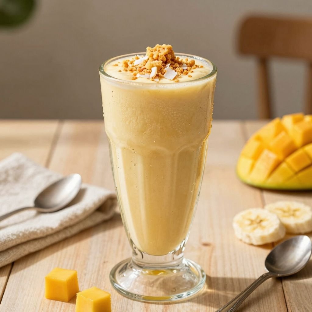 A creamy tropical mango banana smoothie in a tall glass topped with crushed nuts and coconut flakes on a wooden table.