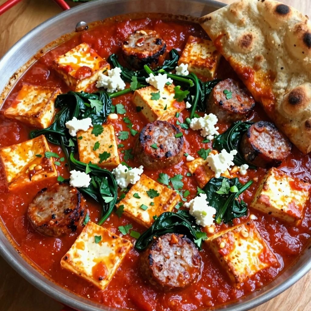 Spicy shakshuka with grilled tofu, vegan sausage rounds, spinach, and vegan crumbled cheese served w