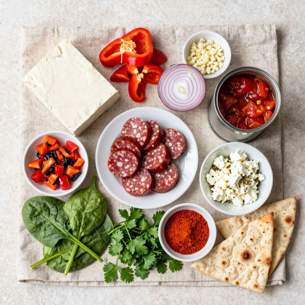 Flat lay of cooking ingredients including tofu, vegan sausage, peppers, spinach, and vegan cheese.