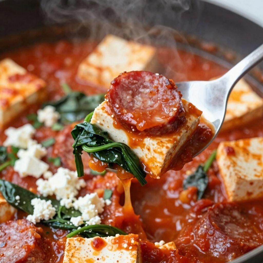 A forkful of spicy vegan Shakshuka with seared vegan sausage, firm tofu blocks, and fresh spinach.