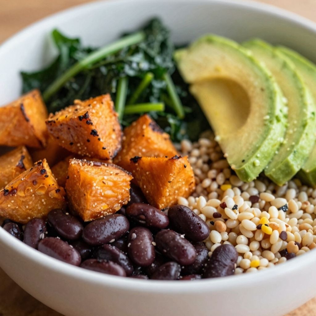 A healthy grain bowl with roasted sweet potatoes, black beans, quinoa, sliced avocado, and sautéed greens.