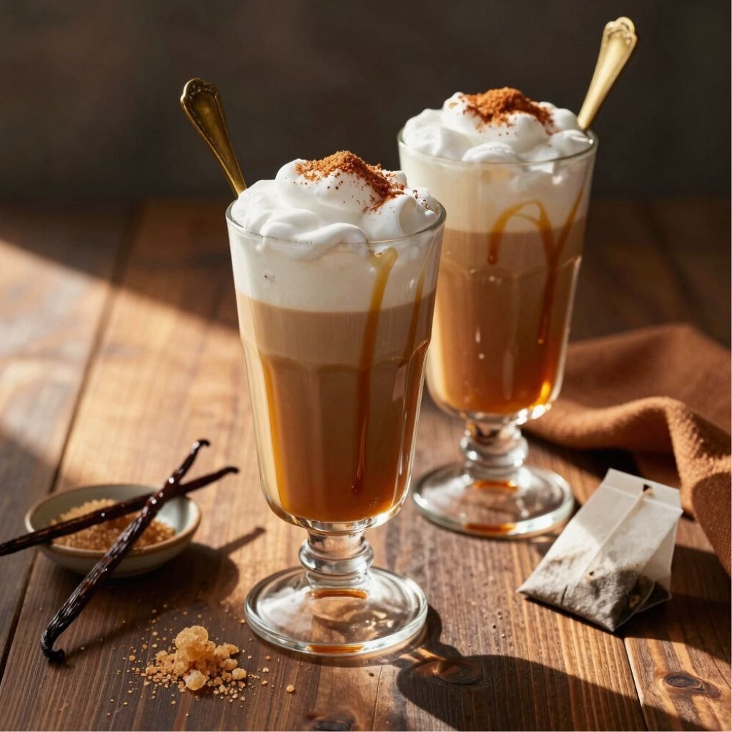 Iced vanilla coconut chai latte with whipped cream and caramel drizzle.
