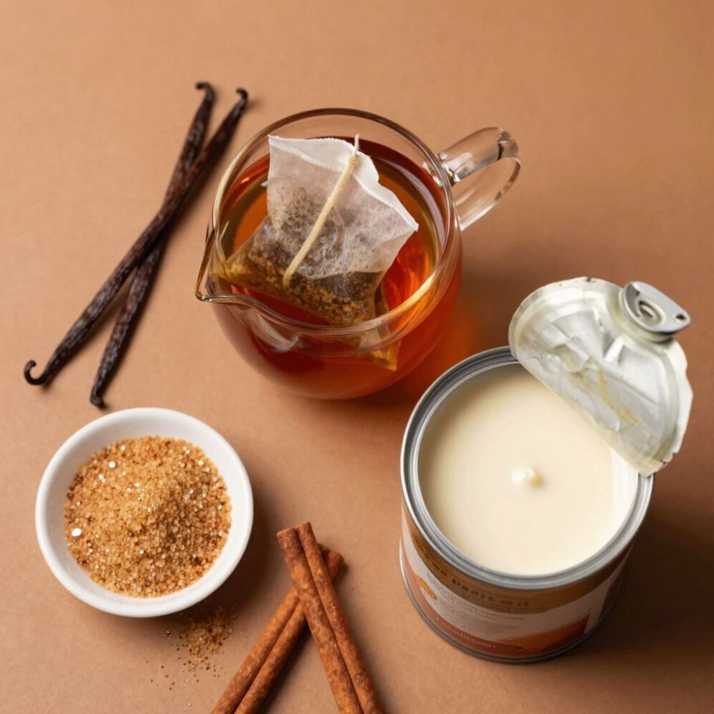 A glass mug of tea with vanilla beans, cinnamon sticks, brown sugar, and a can of condensed milk on a brown background.